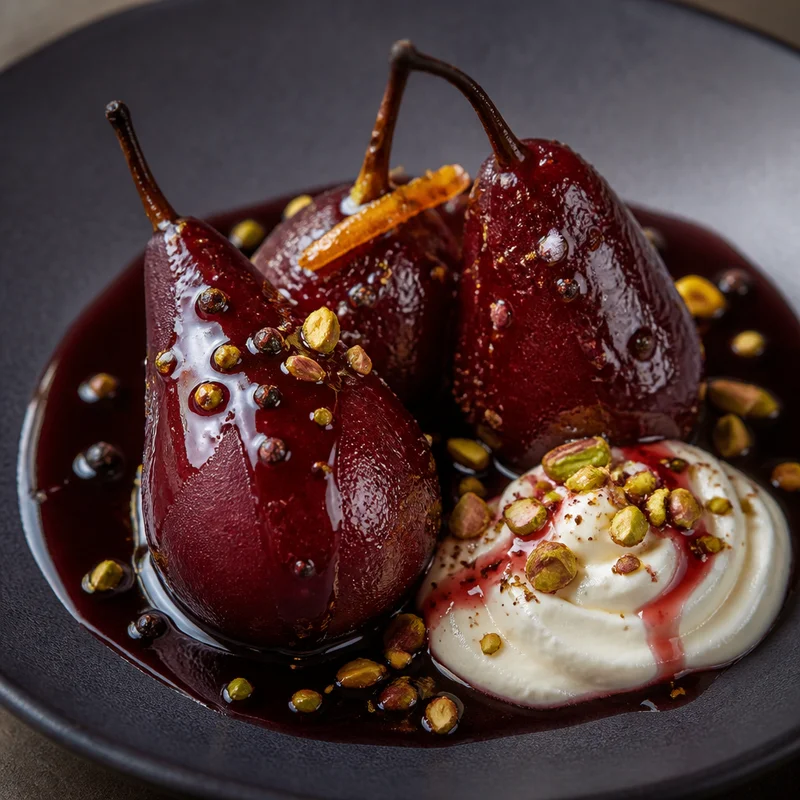 Whole Red Wine Poached Pears with Peppercorn-Orange Syrup
