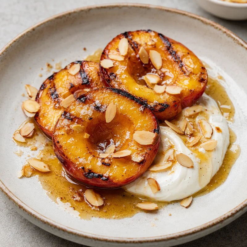 Char-Grilled Peaches with Cold Vanilla Cream and Brown Butter Honey