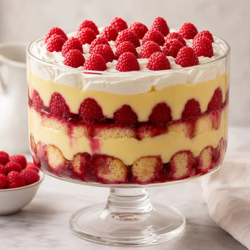 Proper English Trifle with Layered Vanilla Custard & Raspberries