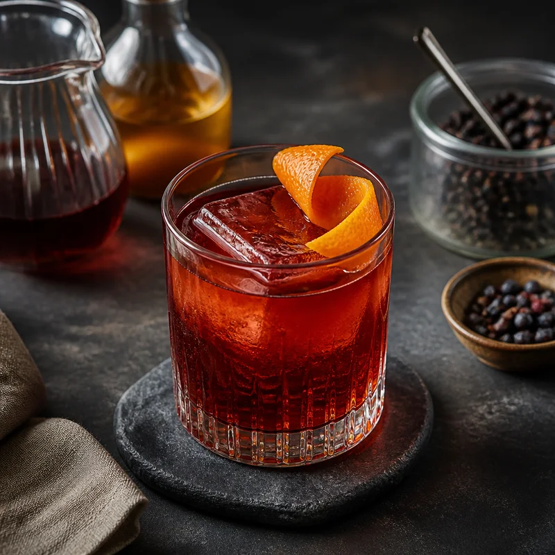 Stirred Alcohol-Free Negroni with Juniper Tea & Bitter Grapefruit Cordial