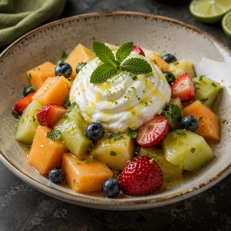 Honey-Mint Fruit Salad with Lime Syrup and Whipped Ricotta