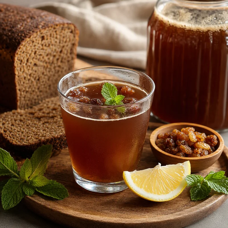 Toasted Rye Bread Kvass with Raisins, Lemon & Mint