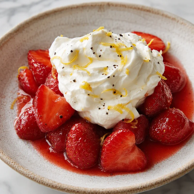 Sugared Strawberries in Their Own Reduced Syrup with Softly Whipped Cream
