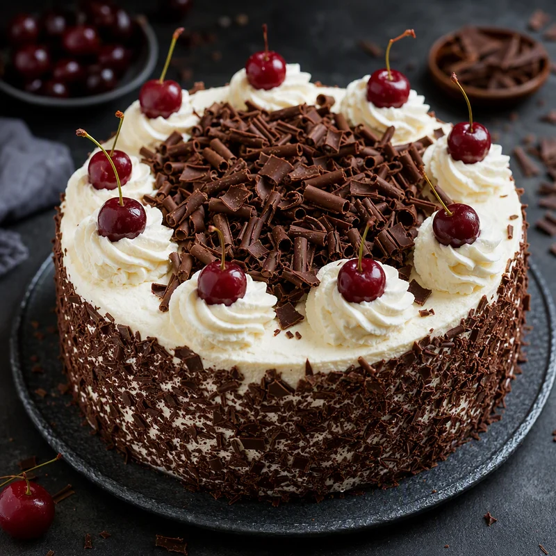 Black Forest Gateau with Sour Cherries and Chocolate Curls