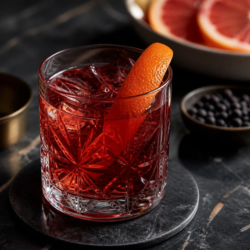 Stirred Zero-Proof Negroni with Bitter Grapefruit–Juniper Cordial