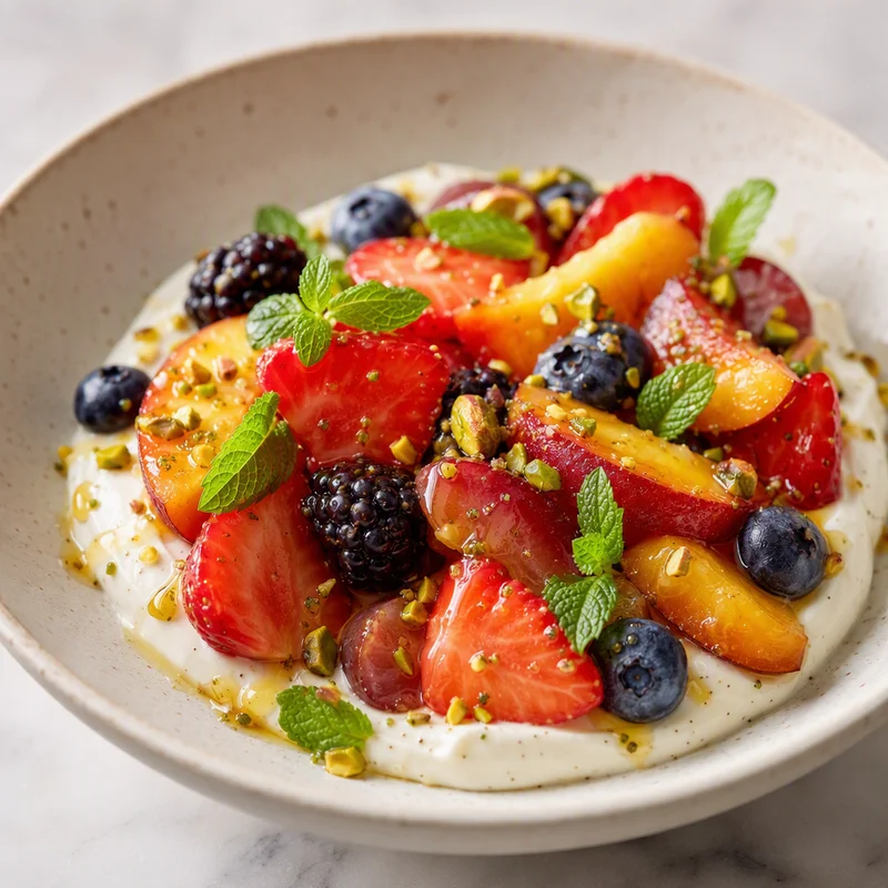 Honey-Mint Macerated Fruit with Vanilla Crème Fraîche