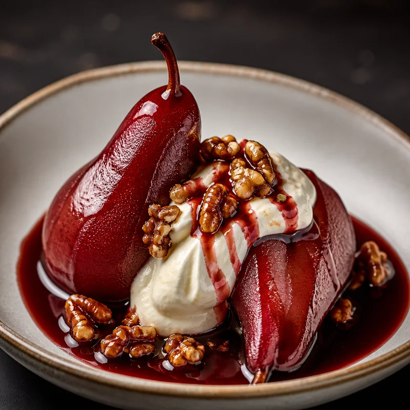 Ruby Red Wine Poached Pears with Spiced Reduction Syrup