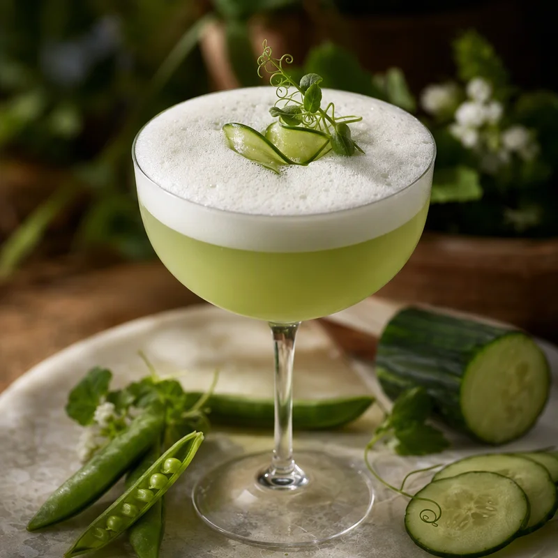 Zero-Proof Garden Sour with Snap Pea–Cucumber Cordial and Aquafaba Foam
