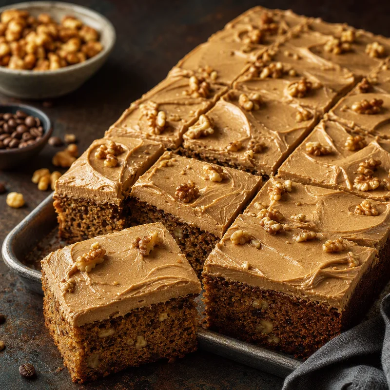 Brown Butter Coffee Walnut Sheet Cake with Coffee Fudge Frosting