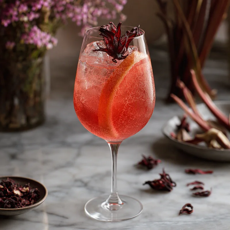 Bitter Rhubarb Spritz with Grapefruit-Hibiscus Cordial (Zero-Proof)