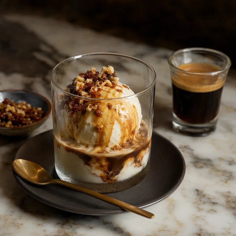 Affogato al Caffè with Vanilla Bean Gelato and Hazelnut Praline