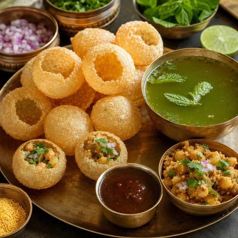 Crisp Semolina Puri with Mint-Coriander Pani and Tamarind Chutney