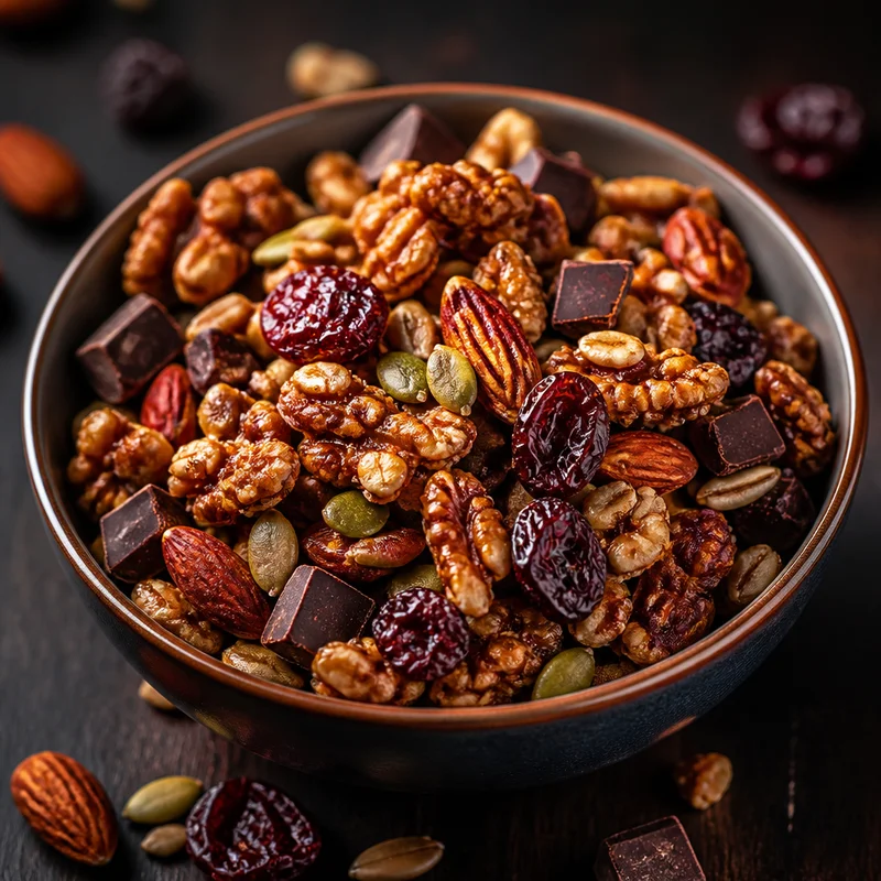 Maple-Spiced Nut Cluster Trail Mix with Tart Cherries & Dark Chocolate