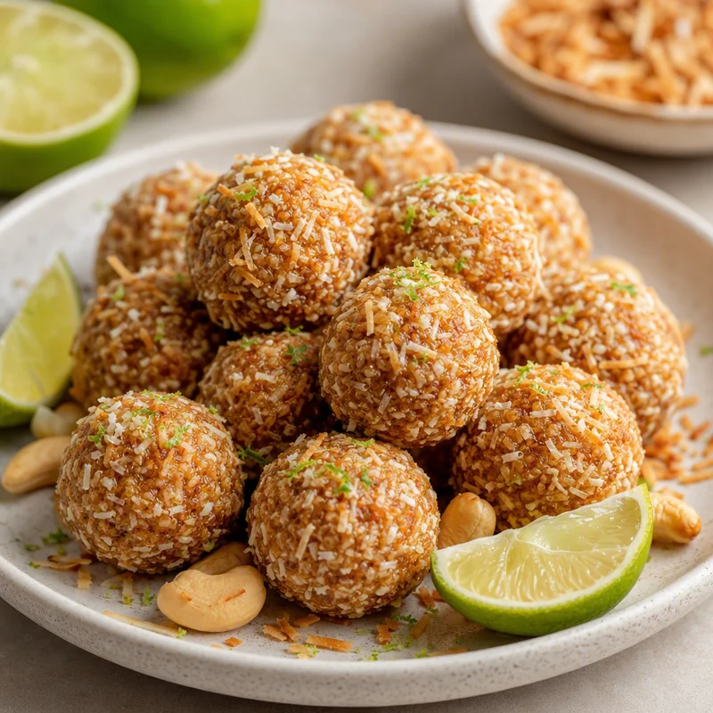 Toasted Coconut Bliss Balls with Lime, Cashew & Vanilla