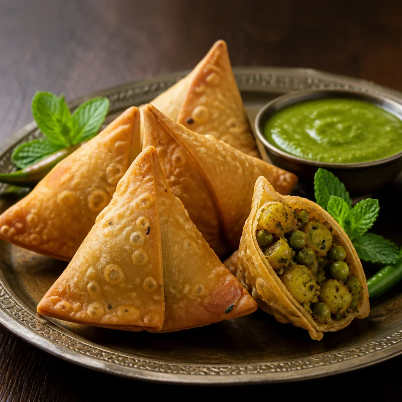 Flaky Vegetable Samosas with Pea, Potato & Mint Chutney