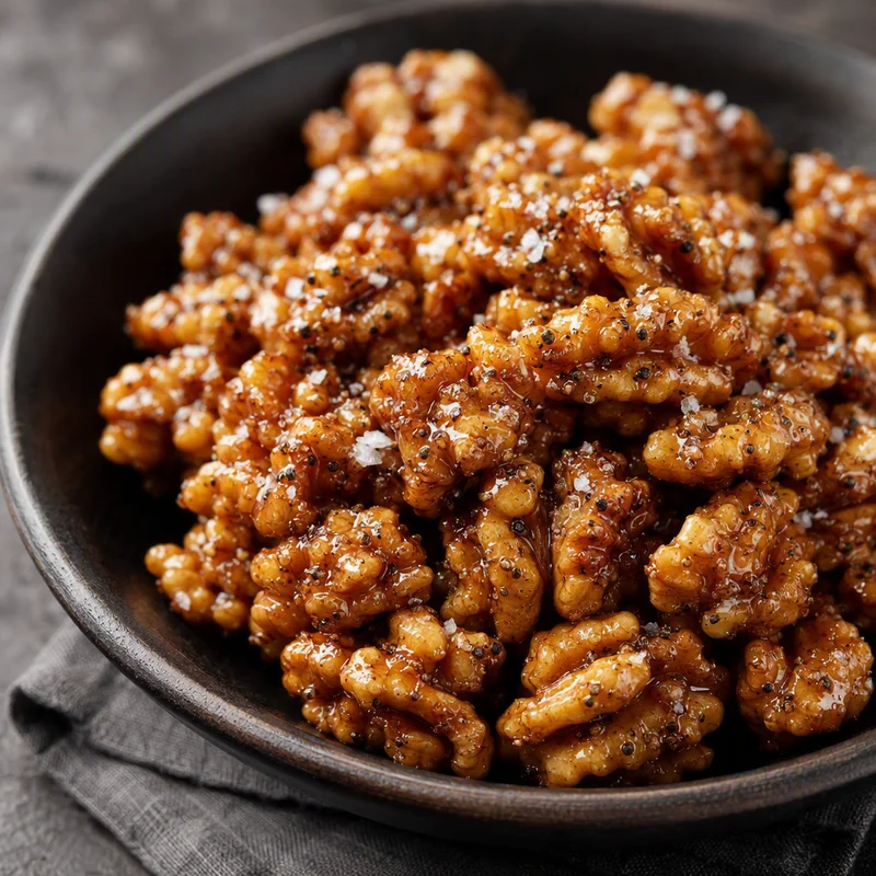 Lacquered Maple Glazed Walnuts with Black Pepper & Flaky Salt
