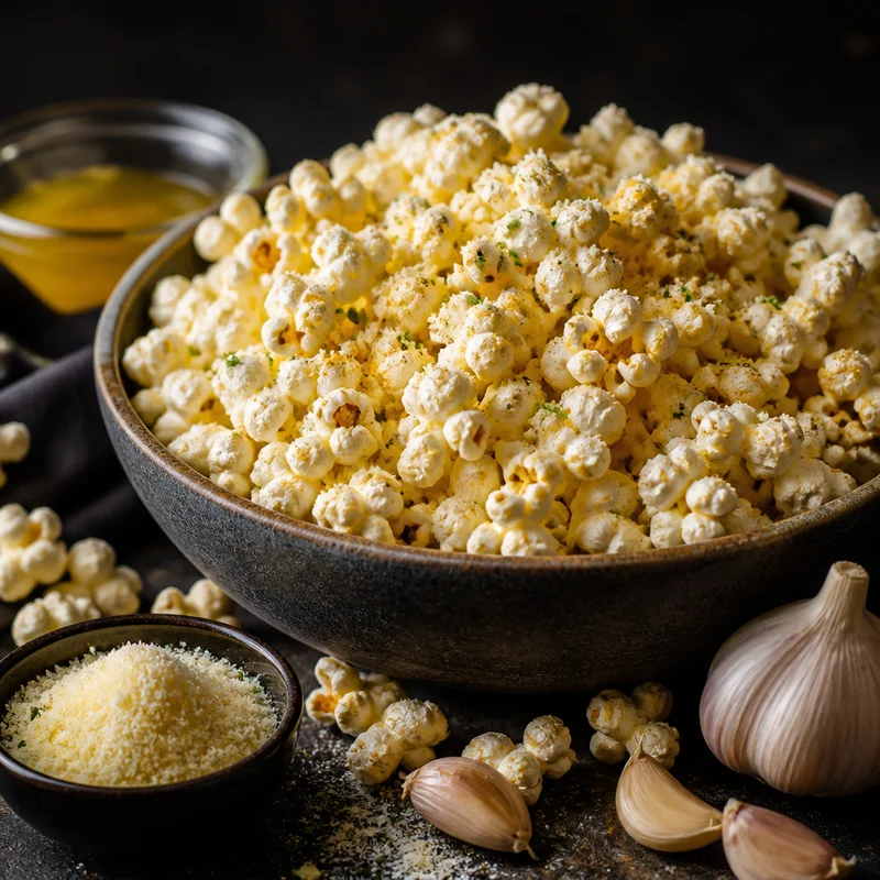 Garlic Parmesan Popcorn with Clarified Garlic Butter & Parmesan Dust