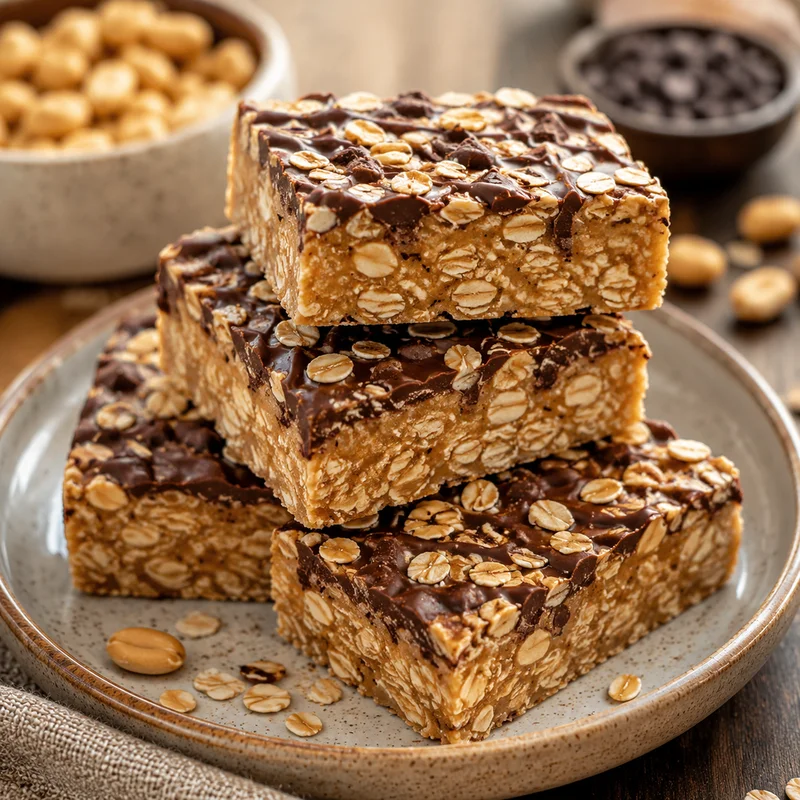 No-Bake Peanut Butter Protein Bars with Toasted Oats & Dark Chocolate