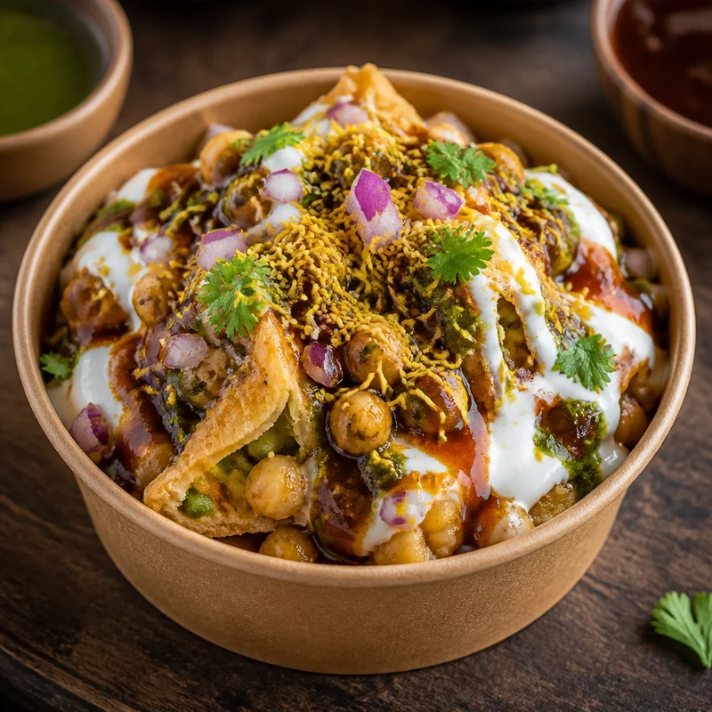 Samosa Chaat with Quick Chole, Tamarind & Green Chutney