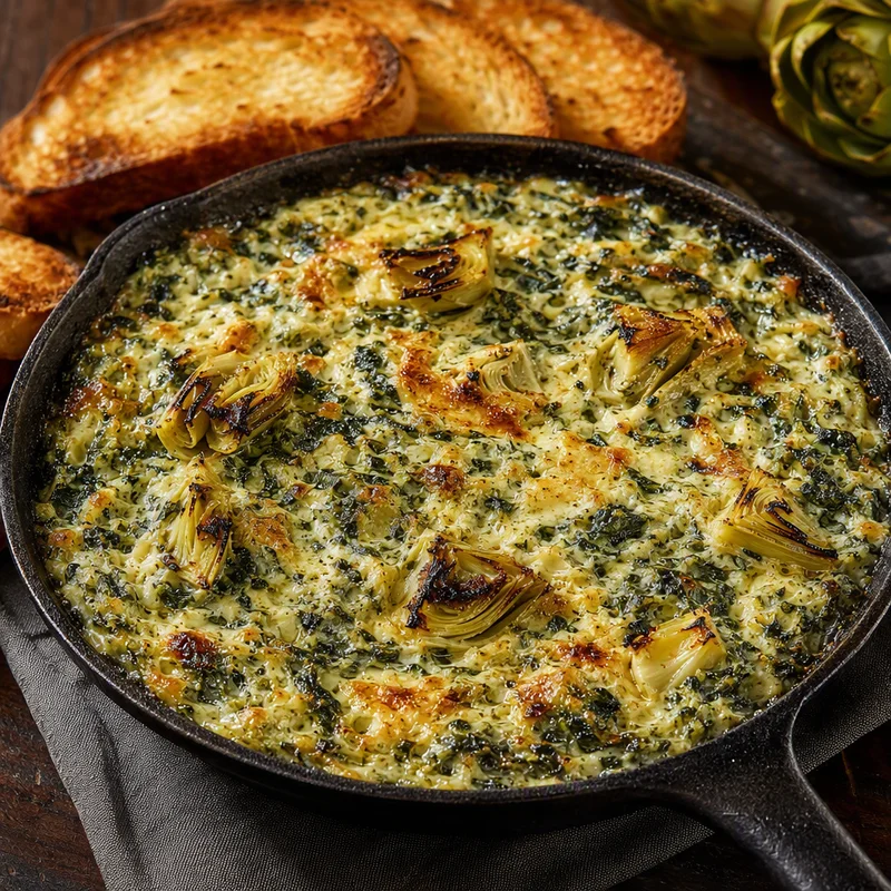 Skillet Spinach Artichoke Dip with Charred Artichokes