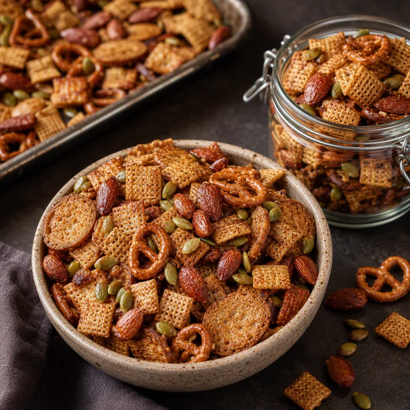 Brown-Butter Party Mix with Rye Chips, Smoked Almonds & Pepitas