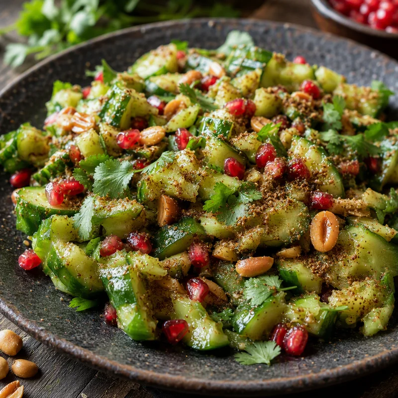 Smashed Cucumber Chaat with Toasted Cumin, Peanuts & Pomegranate