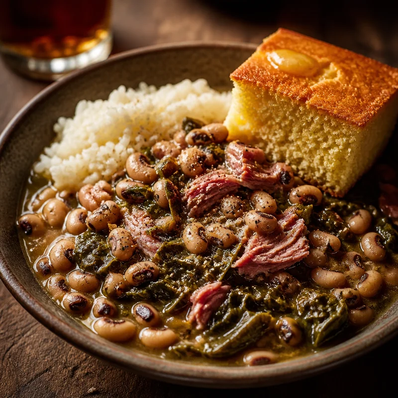 Pressure Cooker Smoky Black-Eyed Peas with Ham Hock & Collards