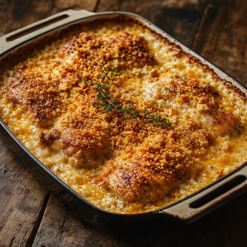Cheddar Chicken and Rice Bake with Buttery Cracker Crumbs