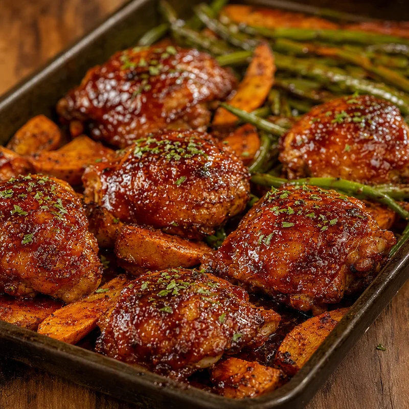 Sheet-Pan BBQ Chicken Thighs with Sweet Potatoes & Green Beans