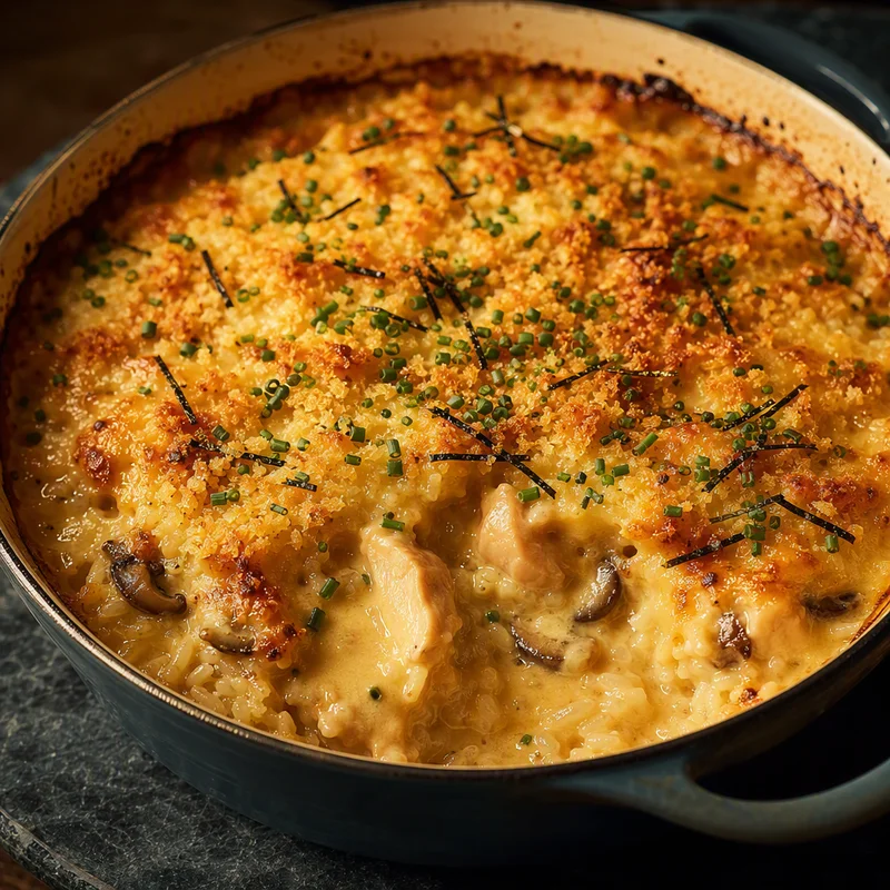 Creamy Miso Chicken & Mushroom Rice Bake