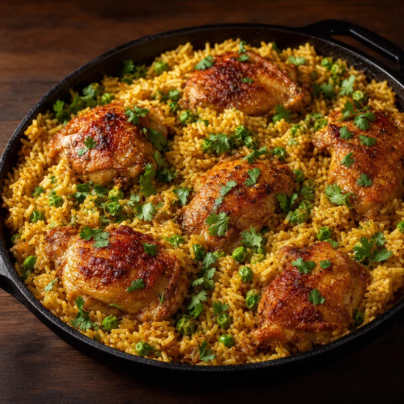 Baked Chicken Curry Rice with Coconut and Peas