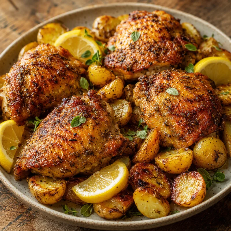 Air Fryer Lemon-Oregano Chicken Thighs with Crispy Potatoes