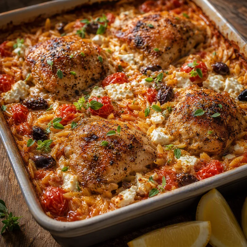 One-Dish Baked Chicken Orzo with Tomatoes and Feta