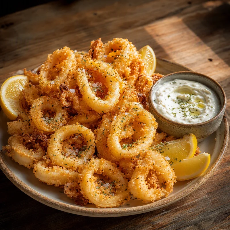 Crispy Greek Fried Calamari with Garlic Yogurt