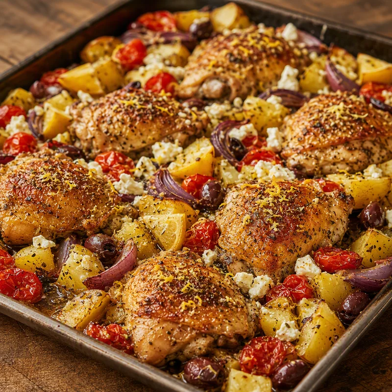 Sheet-Pan Greek Lemon Chicken with Potatoes and Feta