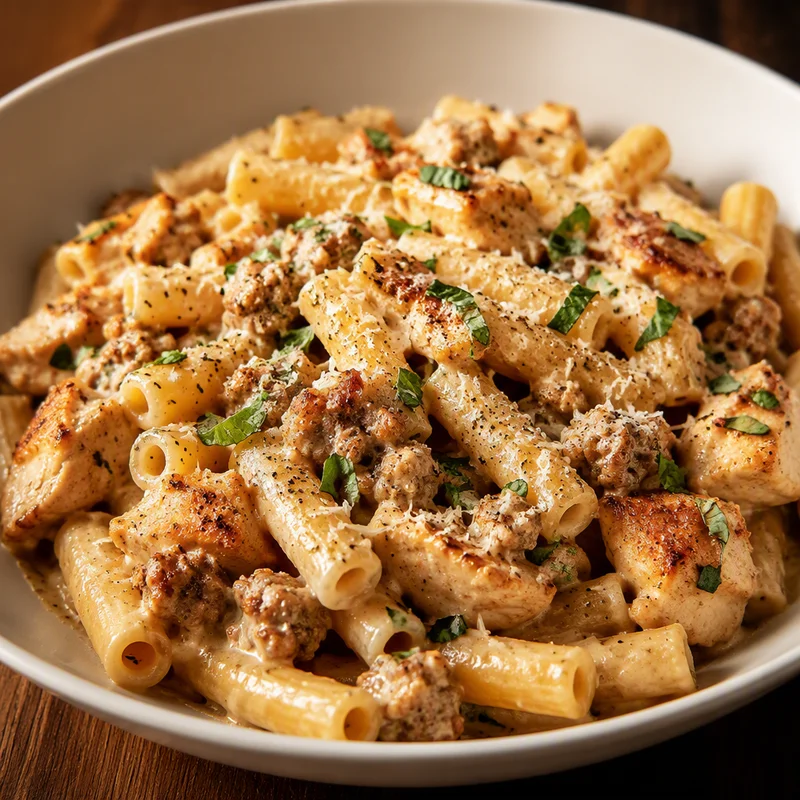 Chicken and Sausage Ziti with Garlic Cream