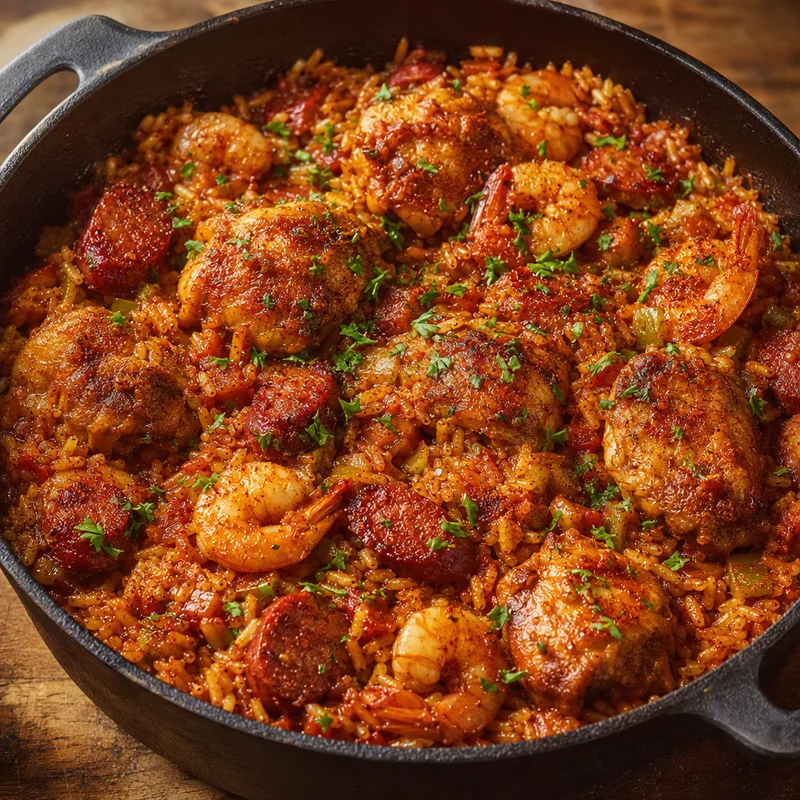 One-Pot Chicken, Andouille & Shrimp Jambalaya