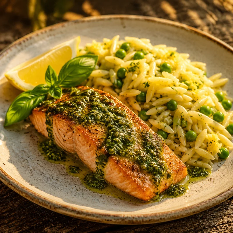 Grilled Salmon with Basil Pesto Vinaigrette and Lemon Orzo