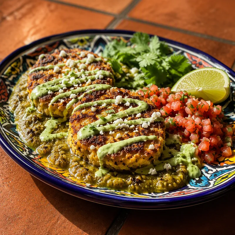 Sweet Corn Tamale Cakes with Salsa Verde and Lime Crema