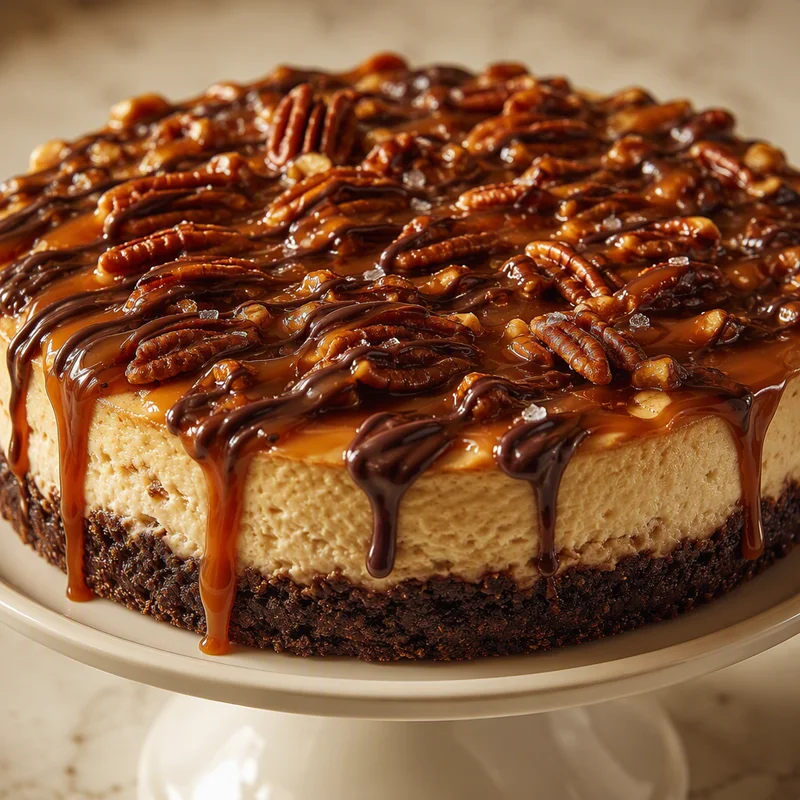 Turtle Cheesecake with Toasted Pecans, Caramel & Chocolate