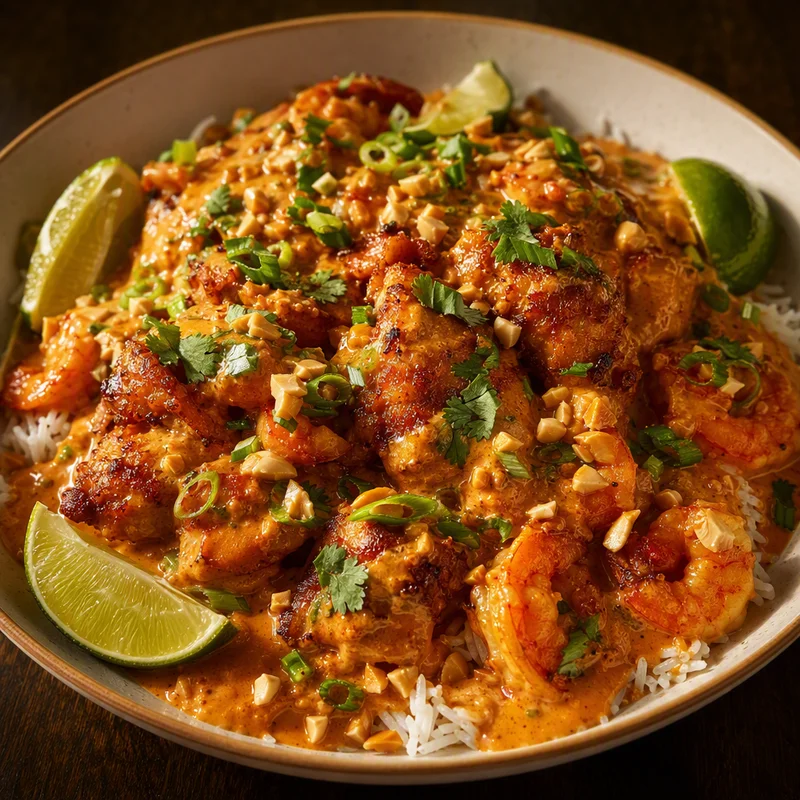 Bang Bang Chicken and Shrimp with Coconut Curry Rice