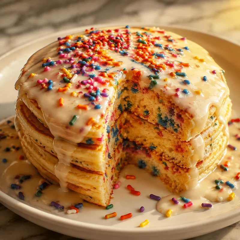 Birthday Cake Pancakes with Cream Cheese Glaze
