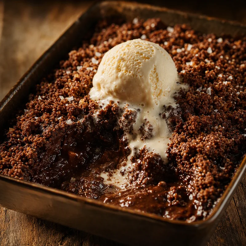 Warm Chocolate Crumble Cake with Melting Vanilla Ice Cream