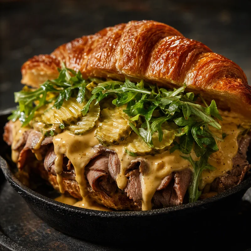 Beef and Cheddar Croissant Sandwiches with Tangy Cheddar Sauce