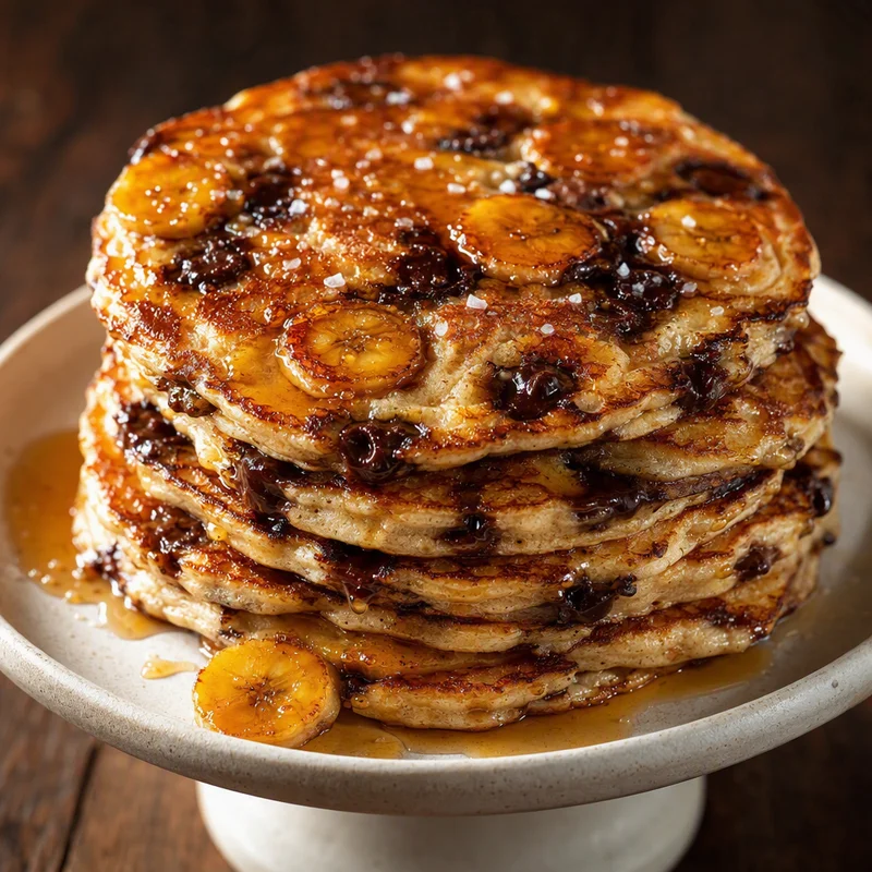Chocolate Chip Banana Pancakes with Caramelized Bananas