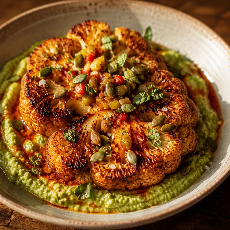 Smoked Cauliflower Steaks with Pea Hummus & Quick Chow Chow