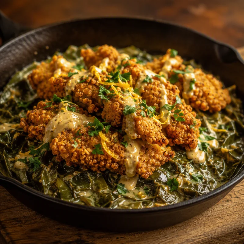 Cornmeal Fried Oysters with Creamed Collards & Lemony Remoulade
