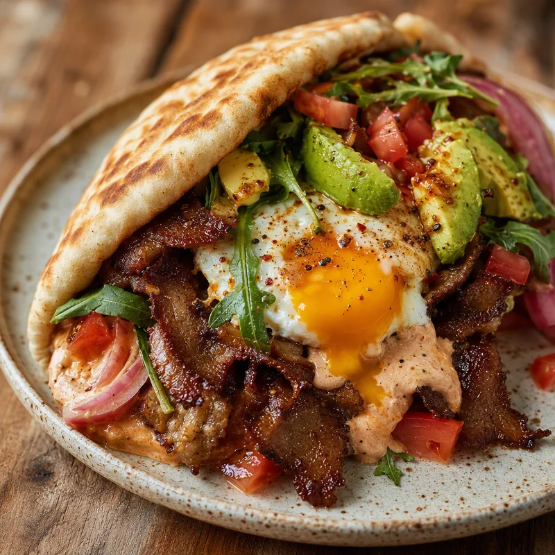 Crispy Gyro Breakfast Pita with Soft Eggs and Spicy Yogurt