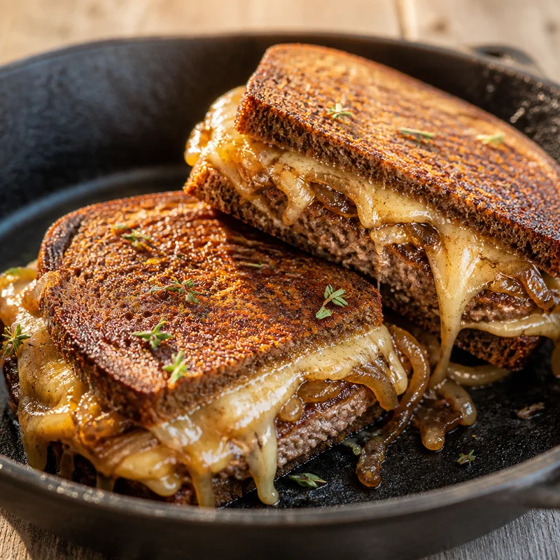 French Onion Patty Melts on Rye